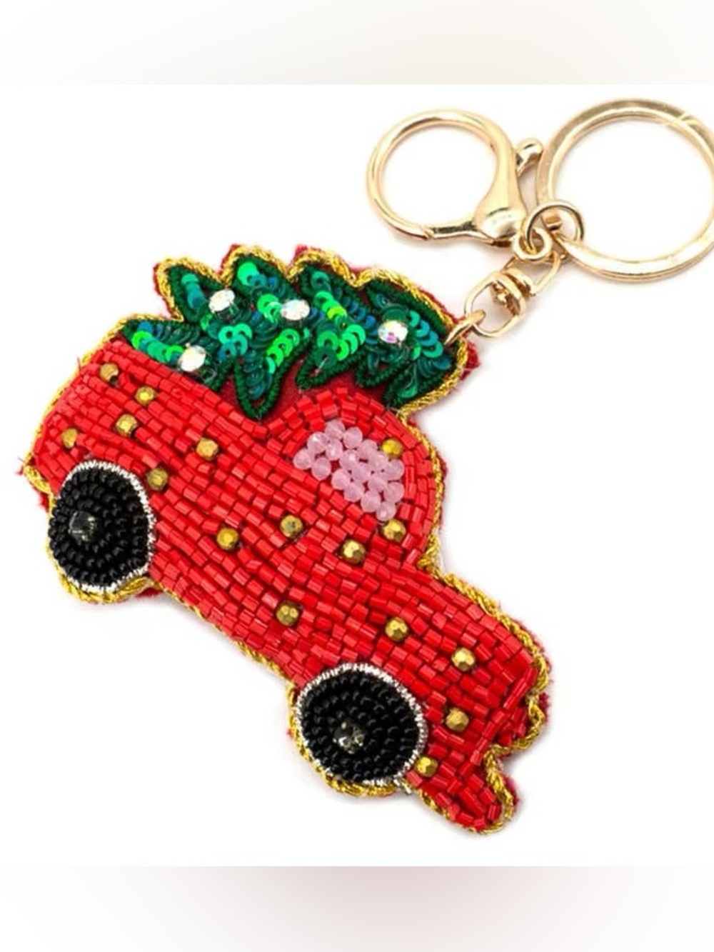 Beaded Red Car Keychain with Green Tree Accent